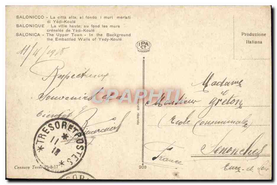 CPA Salonicco La ville haute au fond les murs creneles de Yedi Koule — Rückseite