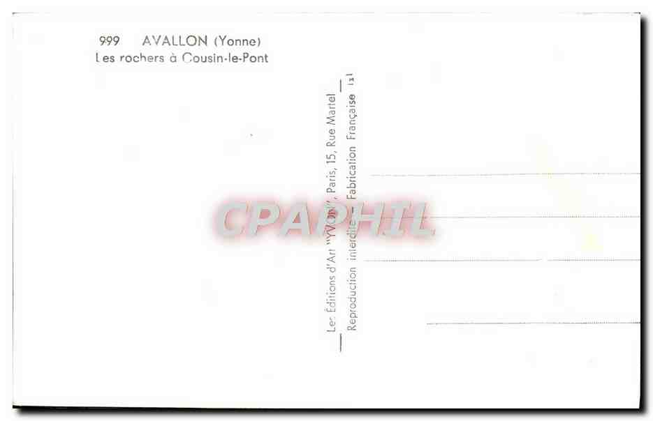 Avallon (Yonne) — Les rochers à Cousin-le-Pont — Les Éditions d'Art 'W. Van' Paris — Verso
