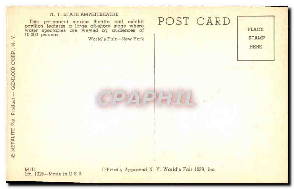 CPM New York World Fair 1940 N Y State Amphitheatre — Rückseite