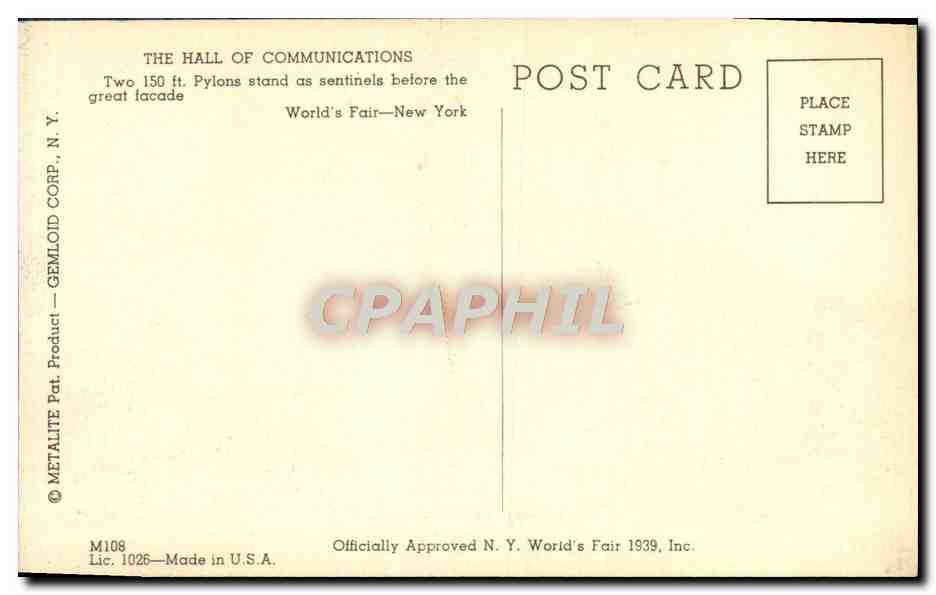 CPM New York World Fair 1940 The Hall Of Communications — Rückseite