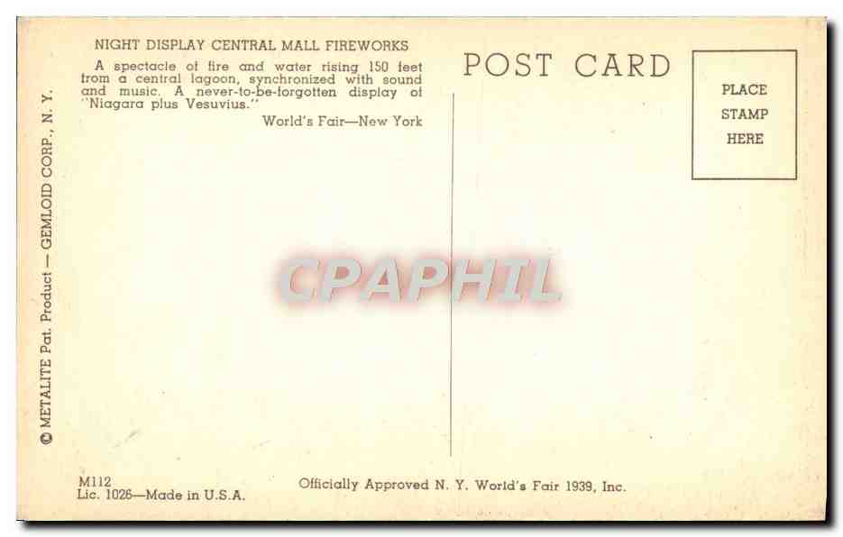 CPM New York World Fair 1940 Night Display Central Mall Fireworks A Spectacle Of Fire — Rückseite