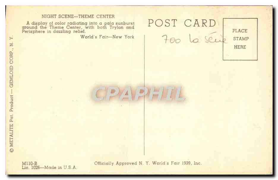 CPM New York World Fair 1940 Night Scene Theme Center — Rückseite