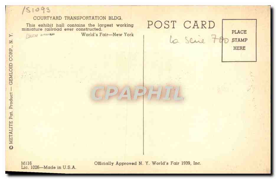 CPM New York World Fair 1940 Courtyard Transportation Bldg — Rückseite