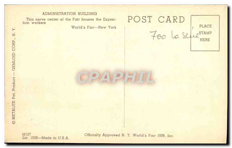 CPM New York World Fair 1940 Administration Building The Nerve Center Of The Fair Houses — Rückseite