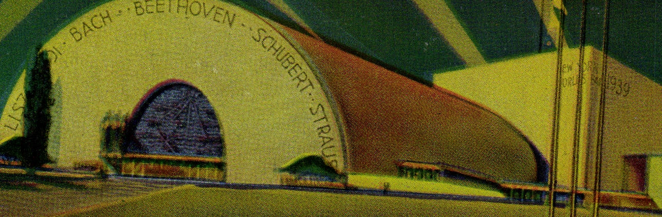 CPM New York World Fair 1940 Music Auditorium The Music Building Seats Bach Beeethoven Schubert Strauss