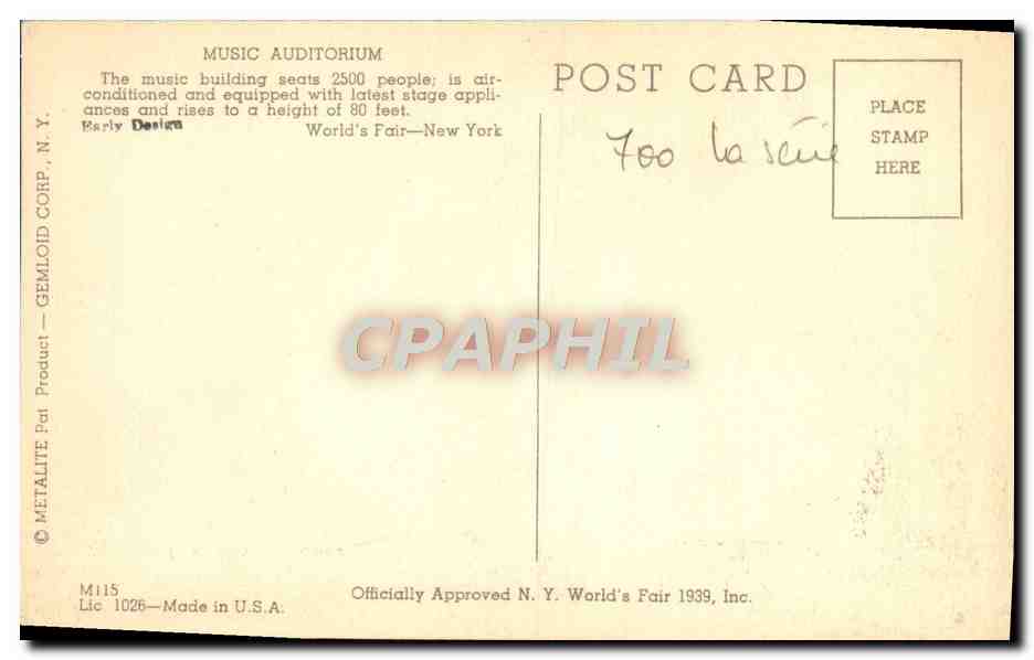 CPM New York World Fair 1940 Music Auditorium The Music Building Seats Bach Beeethoven Schubert Strauss — Rückseite
