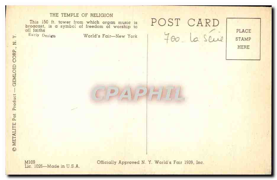 CPM New York World Fair 1940 The Temple Of Religion — Rückseite