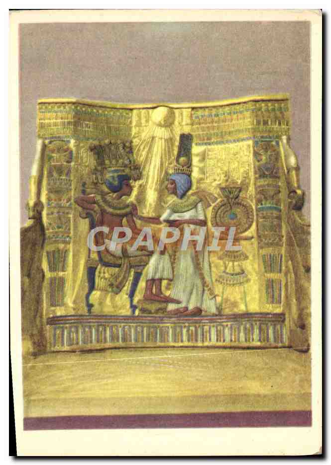 Tutankhamun's Treasures — Back panel of the king's throne, representing the queen holding a small vase in one hand, standing before her husband — Lambelet Succ., Cairo