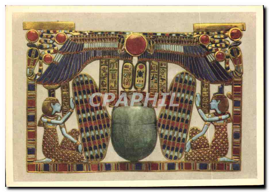 Pectoral de Toutankhamon — composé d'un scarabée ailé flanqué de deux déesses — éditeur Lennert & Landrock, Caire