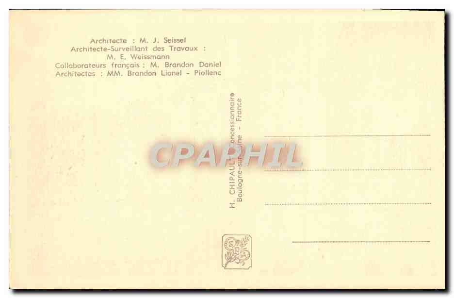Pavillon de Yougoslavie — Exposition Internationale Paris 1937 — Éditeur : H. Chipault, Boulogne-sur-Seine — Verso