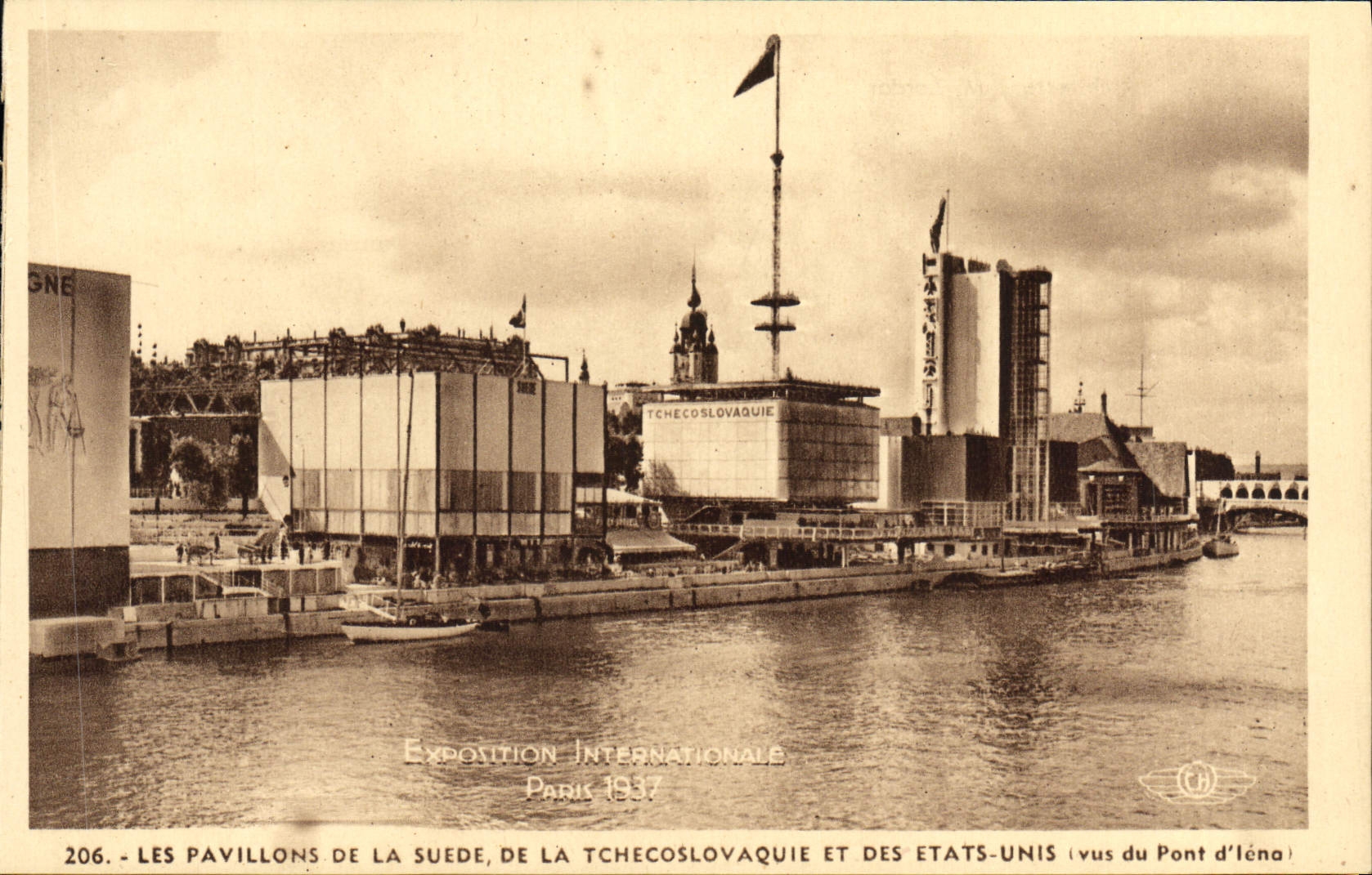 Die Pavillons Schwedens, der Tschechoslowakei und der Vereinigten Staaten — Internationale Ausstellung Paris 1937 — Ansicht des Île-Brücke