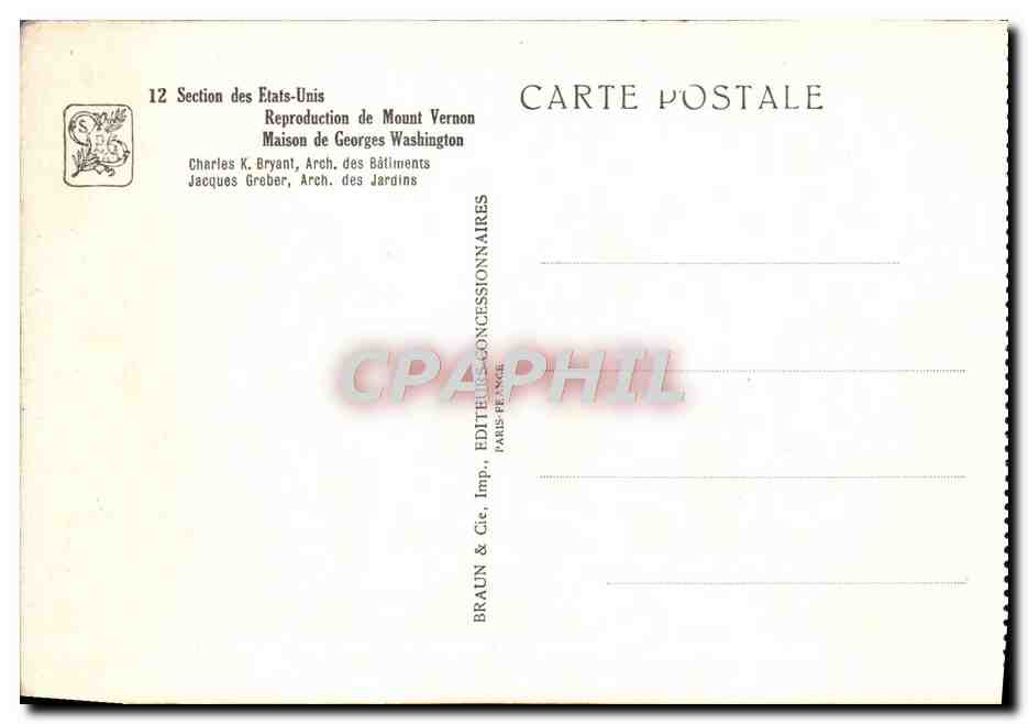 CPA Exposition Coloniale Internationale Paris 1931 Section Etats Unis Maison de Georges Washington — Rückseite