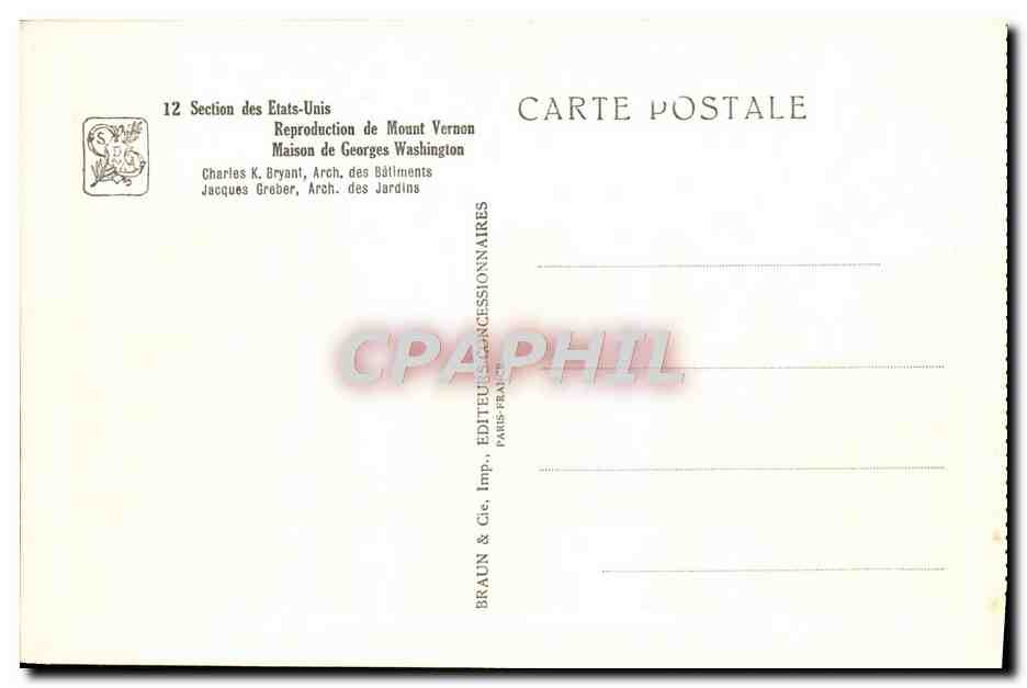 CPA Expostion Coloniale Internationale Paris 1931 Section Etats Unis Maison George Washington  — Rückseite