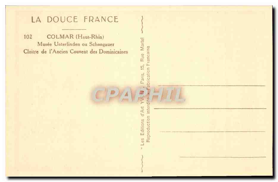 Cloître de l'Ancien Couvent des Dominicaines — Colmar (Haut-Rhin) — Les Éditions d'Art YVON, Paris — Verso