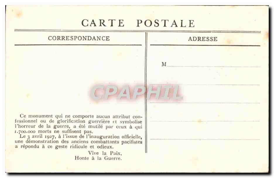 CPA Monument Militaria dedicacee Charles Grondy  — Verso