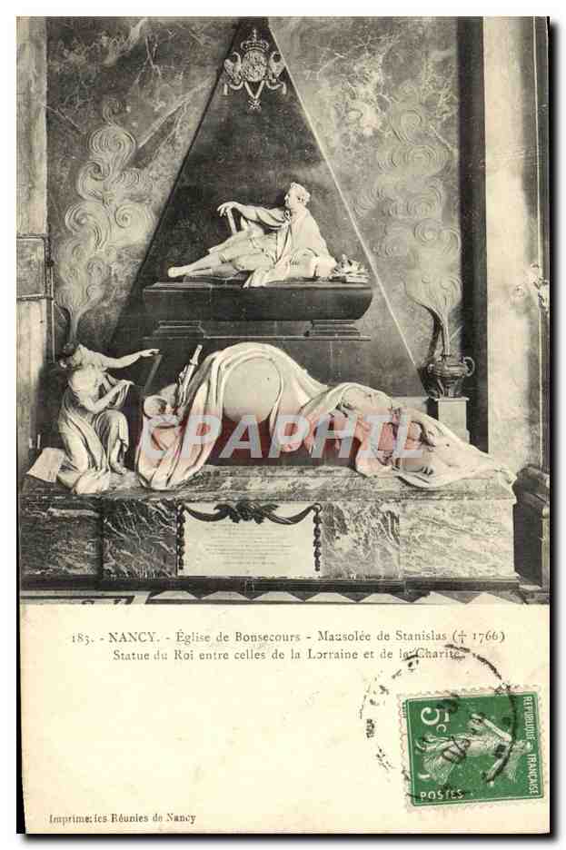 Nancy - Église de Bonsecours - Mausolée de Stanislas (†1766) - Statue du Roi entre celles de la Lorraine et de la Charité