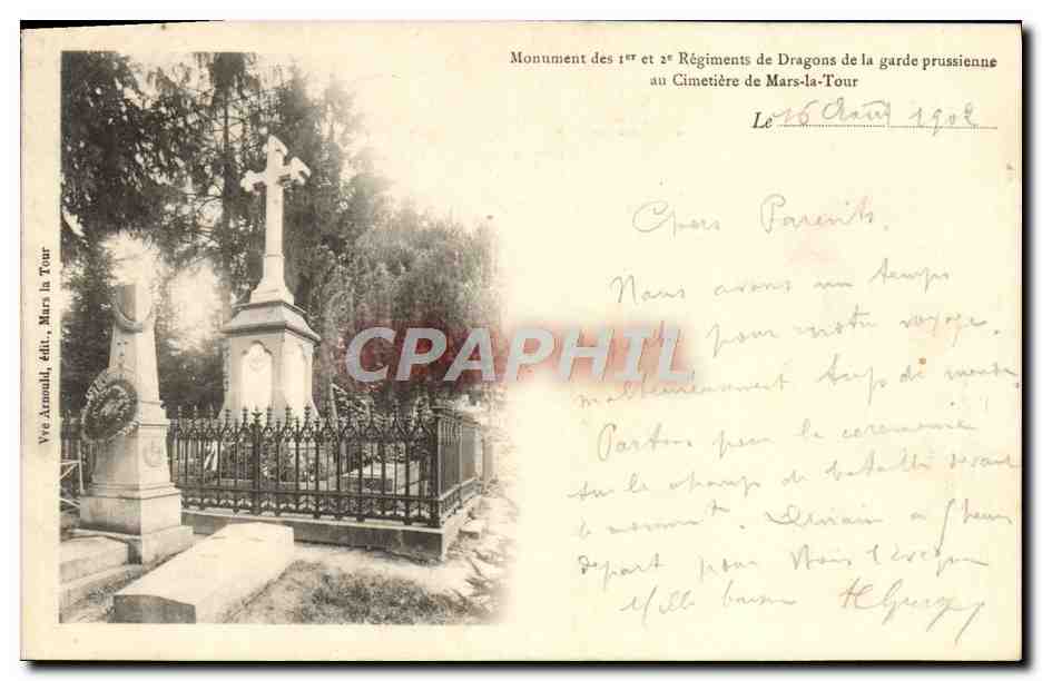 Monument des 1er et 2e Régiments de Dragons de la garde prussienne — au Cimetière de Mars-la-Tour — éd. Vve Arnoult, Mars-la-Tour