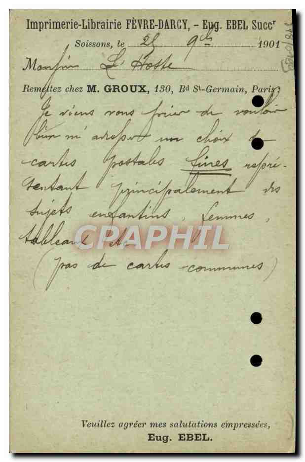 Carte postale type Mouchon 10c Imprimerie Librairie Fevre Darcy Groux 130 Bd St Germain Paris 