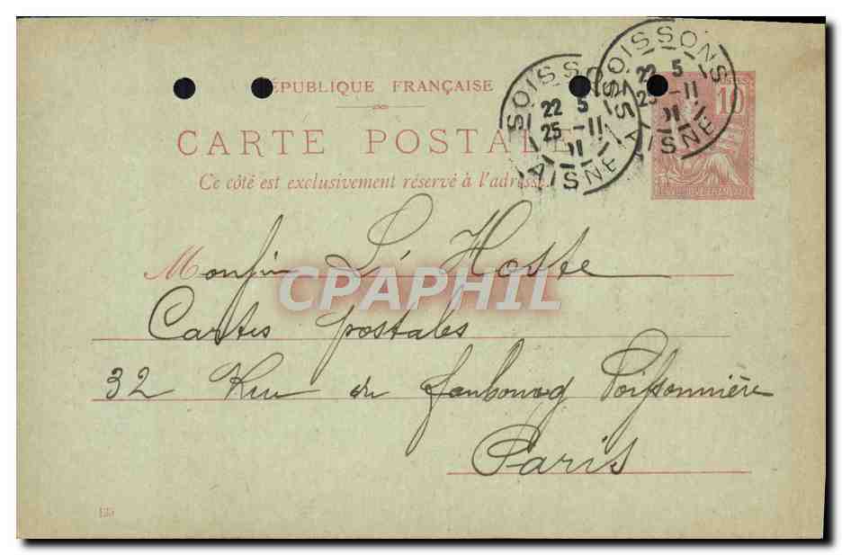Carte postale type Mouchon 10c Imprimerie Librairie Fevre Darcy Groux 130 Bd St Germain Paris  — Rückseite