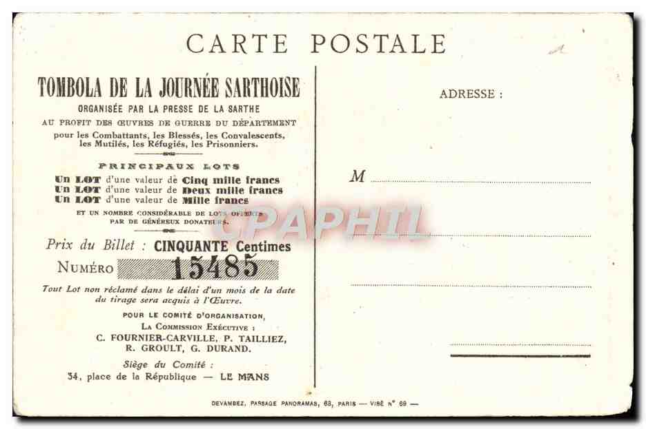 CPA Pro Patria Journee Sarthoise Souscription Tombola Vente d'Insignes Militaria — Verso
