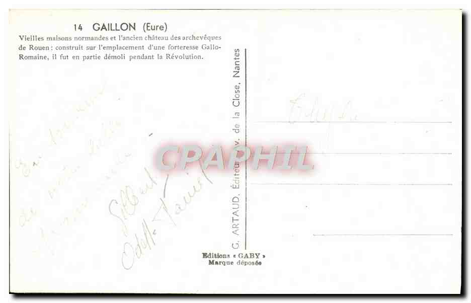 GAILLON (Eure) — Vieilles maisons normandes et l'ancien château des archevêques de Rouen — Éditeur G. ARTAUD, Nantes — Verso