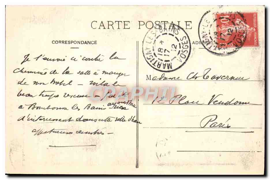 CPA Martigny les Bains La Cheminee de la Salle a manger du grand hotel — Rückseite
