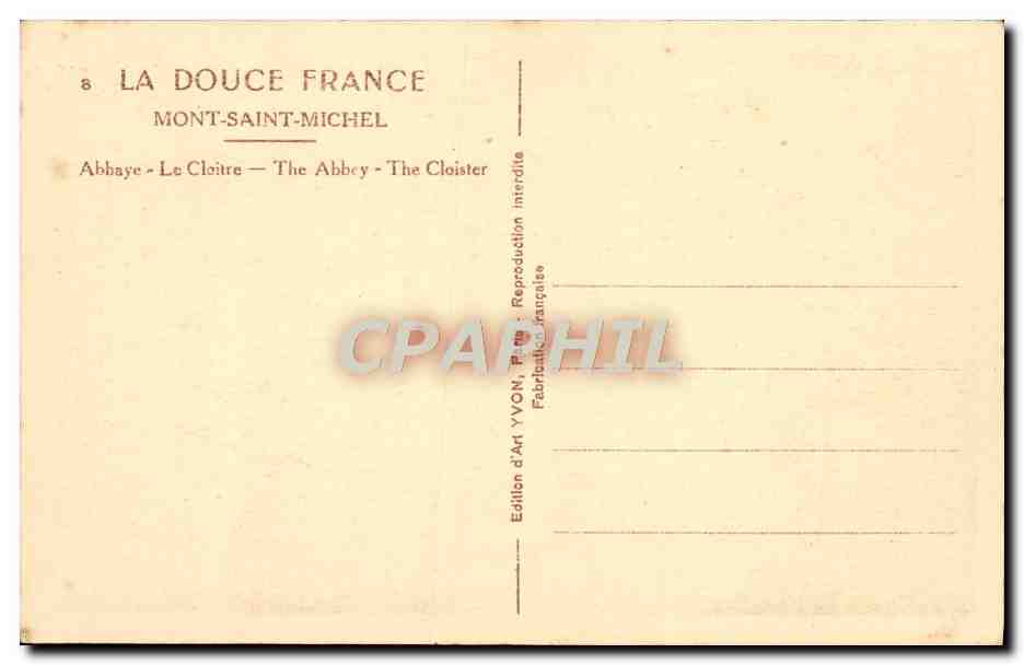 CPA Mont Saint Michel Abbaye Le cloitre — Verso