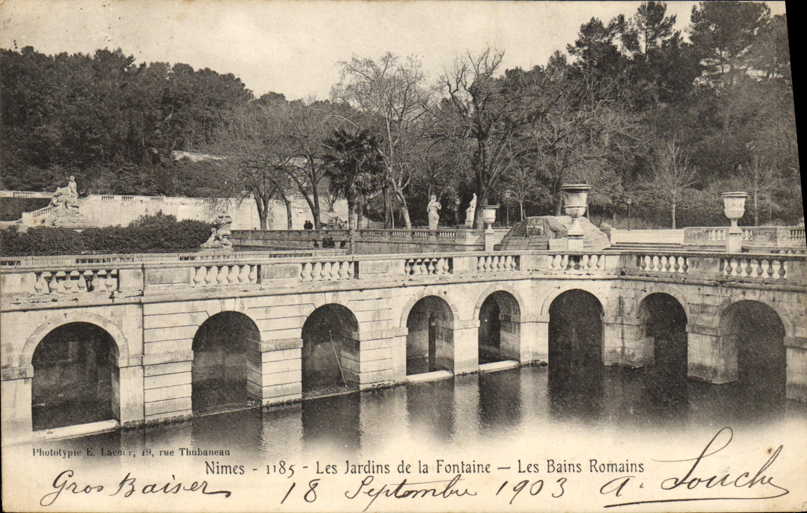 Nîmes - Les Jardins de la Fontaine — Les Bains Romains — Phototypie E. Lacour, 19, rue Thubaneau