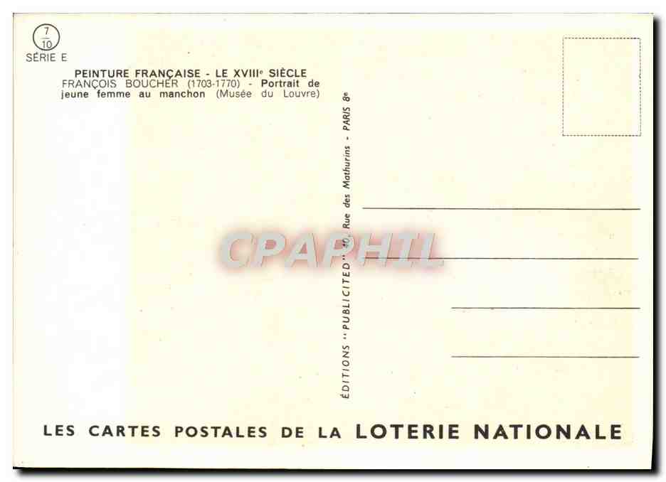 Jeune femme au manchon — Portrait de François Boucher (1703-1770) — Éditions des Cartes Postales de la Loterie Nationale — Back