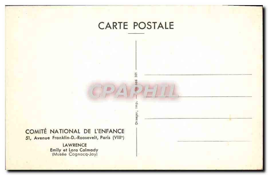 CPM Comite National De L'Enfance Lawrence Emily et Lora Calmady Musee Cognacq Jay — Verso