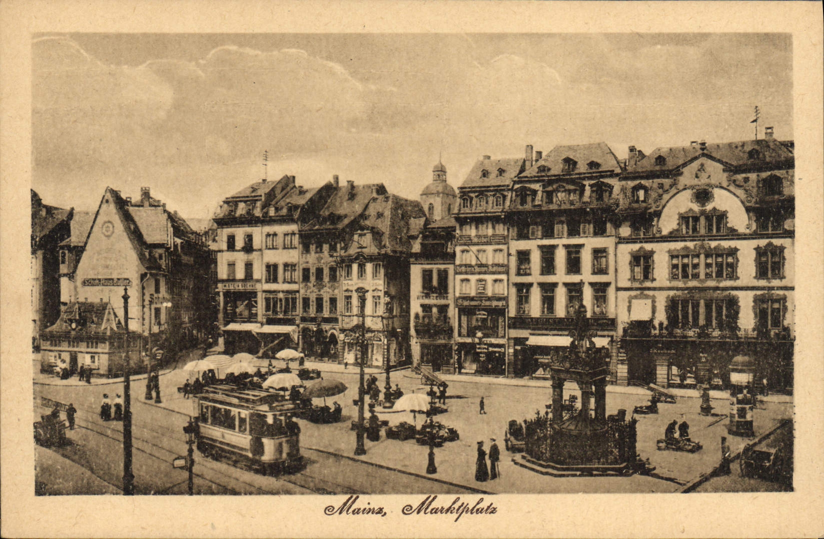 Mainz, Marketplatz — vue du square avec fontaine et tramway — éditeur Rheinischer Kunst- u. Postkarten-Verlag, Mannheim - Recto