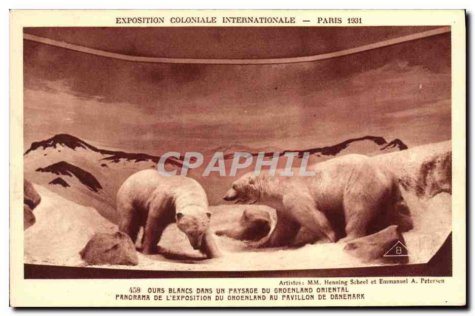 Weiße Bären in einer Landschaft Grönlands am dänischen Pavillon — Internationale Kolonialausstellung — Paris 1931 — n° 459