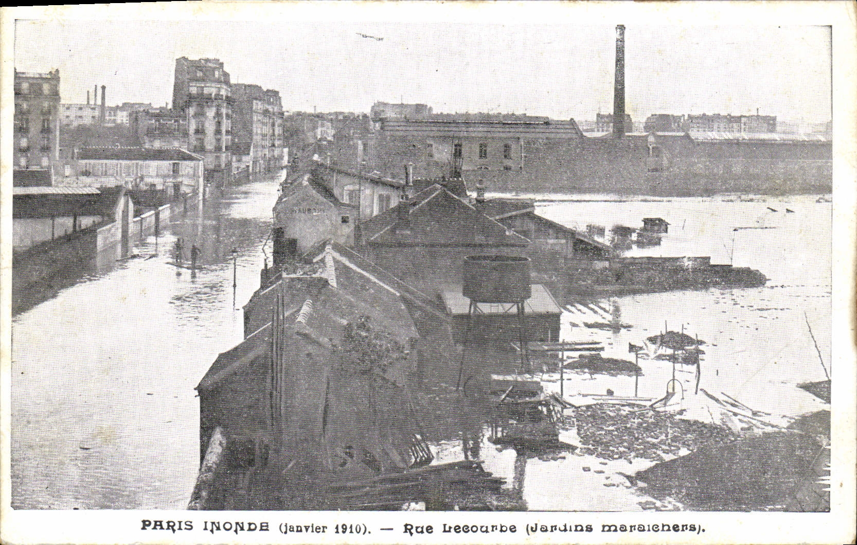 Paris inondé (janvier 1910) — Rue Lescourbe (Jardins maraîchers) — sans éditeur ni numéro visible