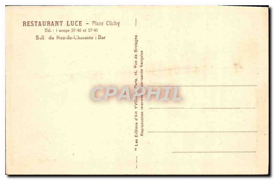 Restaurant Luce - Place Clichy — Salle du Rez-de-Chaussée et Bar — Éditions d'art YVC, Paris — Verso