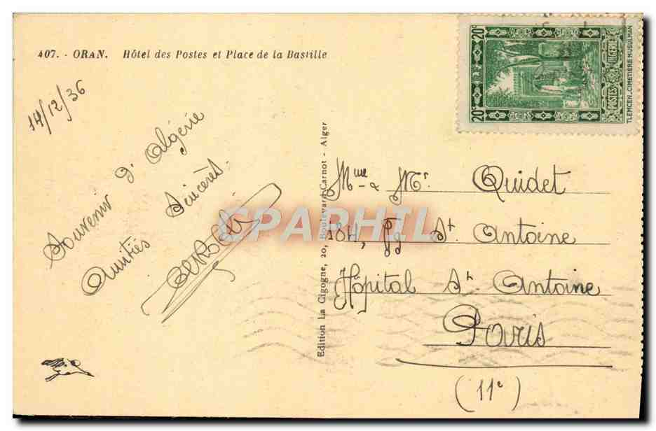 Oran - Hôtel des Postes et Place de la Bastille — Édition La Gigogne, Alger, n° 407 — Back