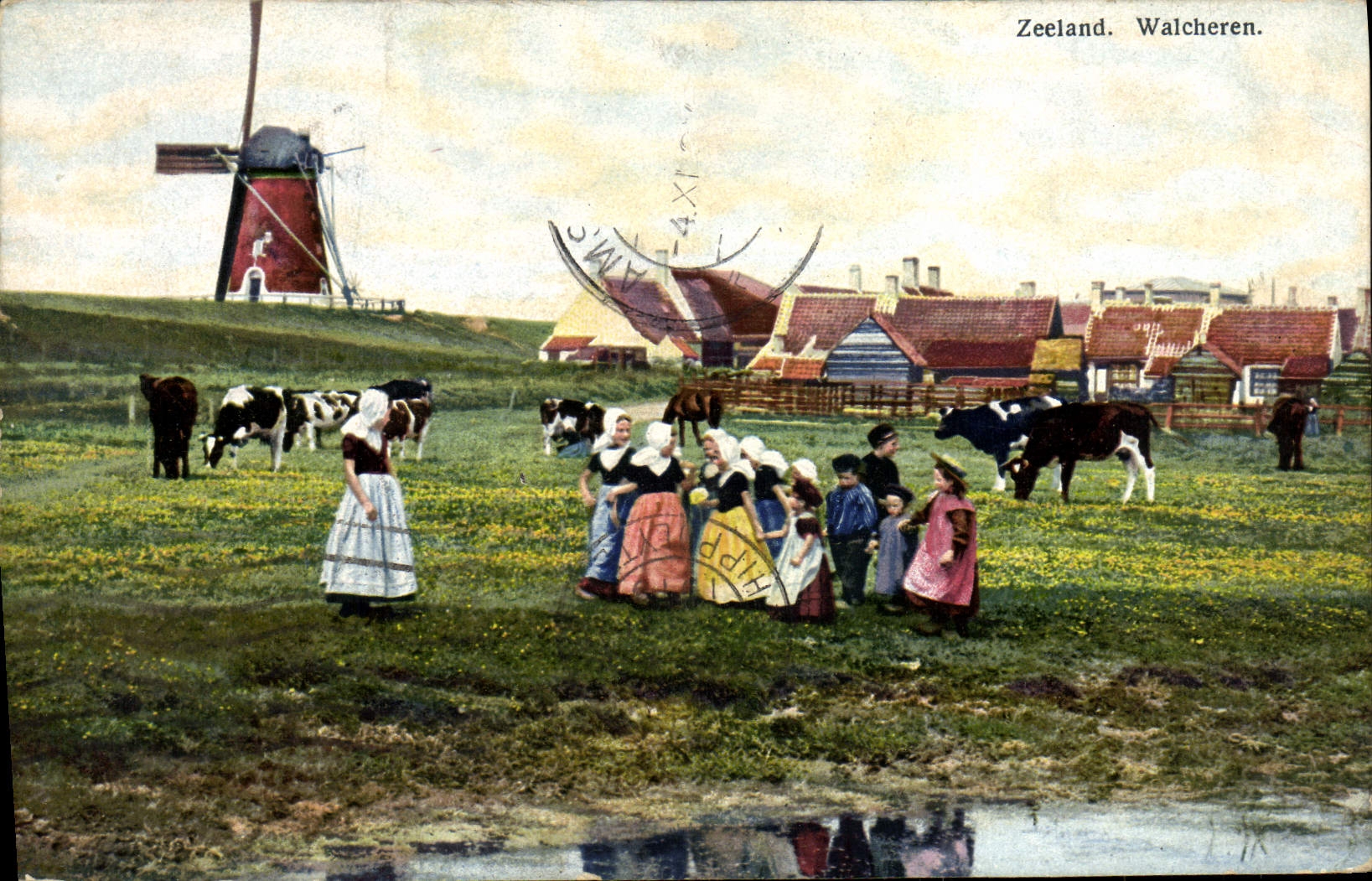 CPA Zeeland Walcheren Enfants Moulin a vent Vaches