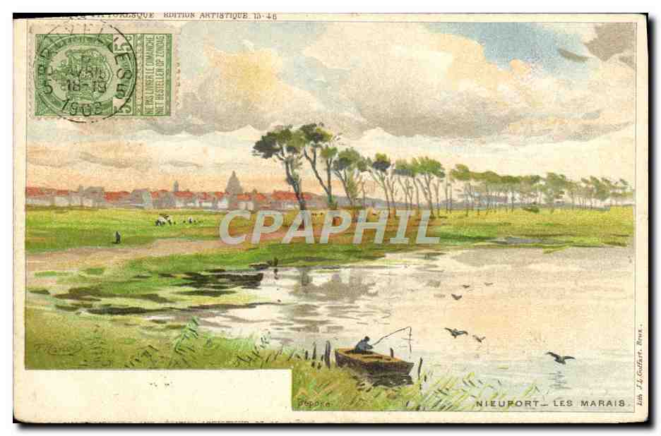 NIEUPEORT-LES MARAIS — vue de marais avec pêcheur — Édition Artistique 10-46, lith. J.-L. Godfart, Bruxelles