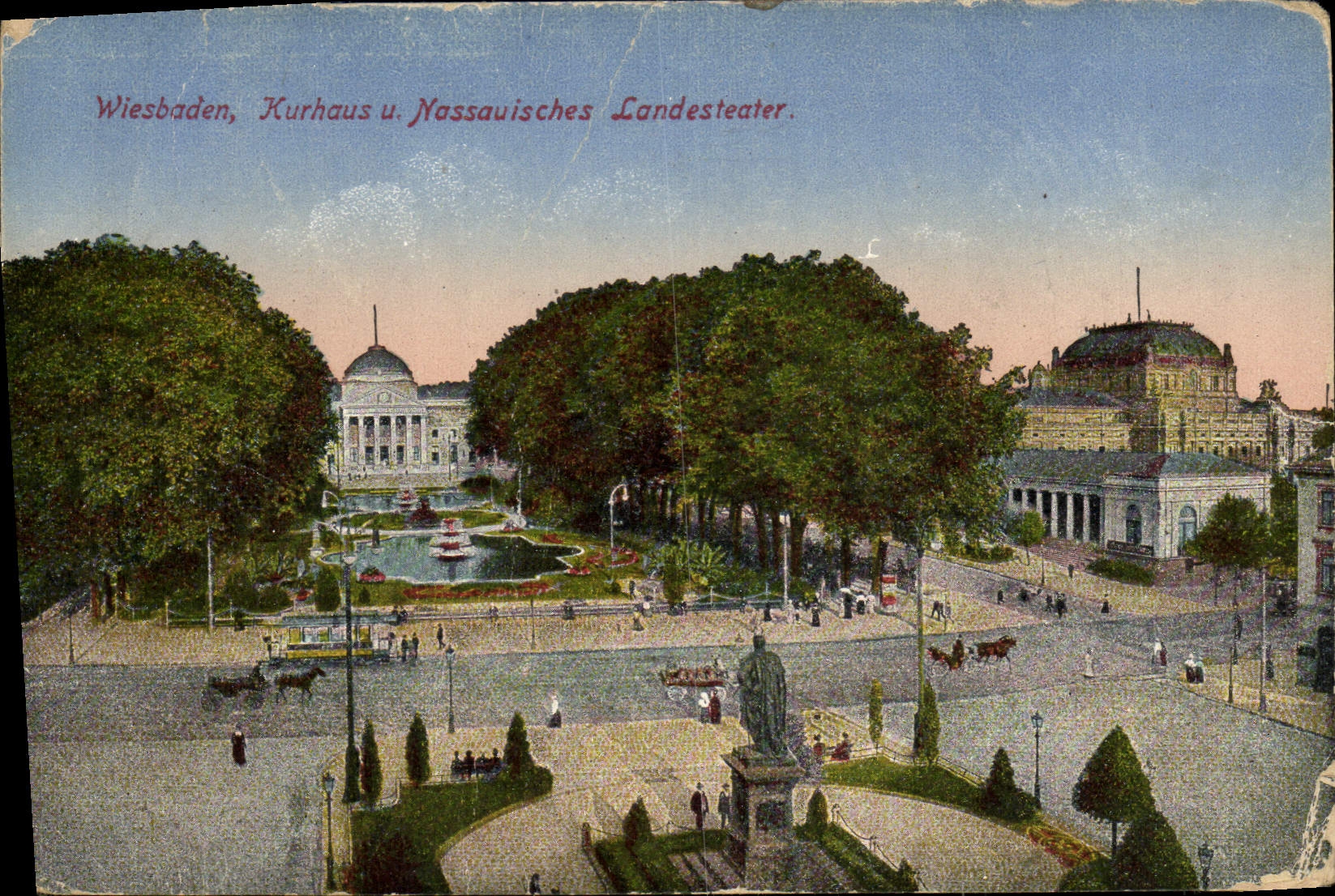 Wiesbaden, Kurhaus u. Nassauisches Landestheater — vue panoramique avec fontaine et statue