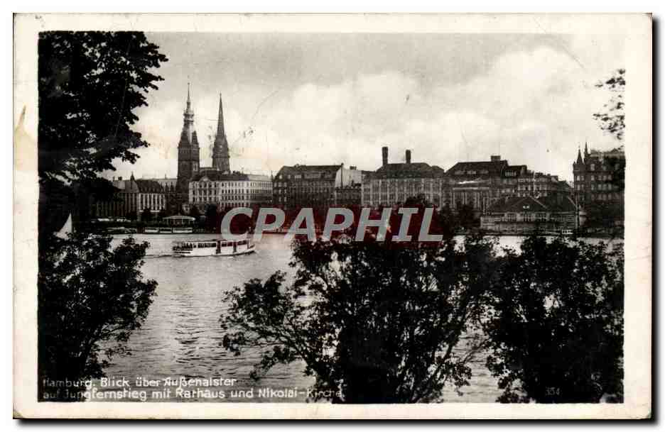CPA Hamburg Blick uber Ausenaister Mit Rathaus Und Nikolai Kirche 