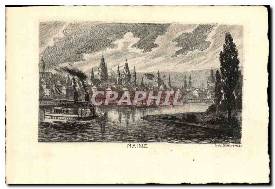 Mainz — Ansicht der Stadt und des Rheins mit einem Dampfschiff — G.W. Schwenzer