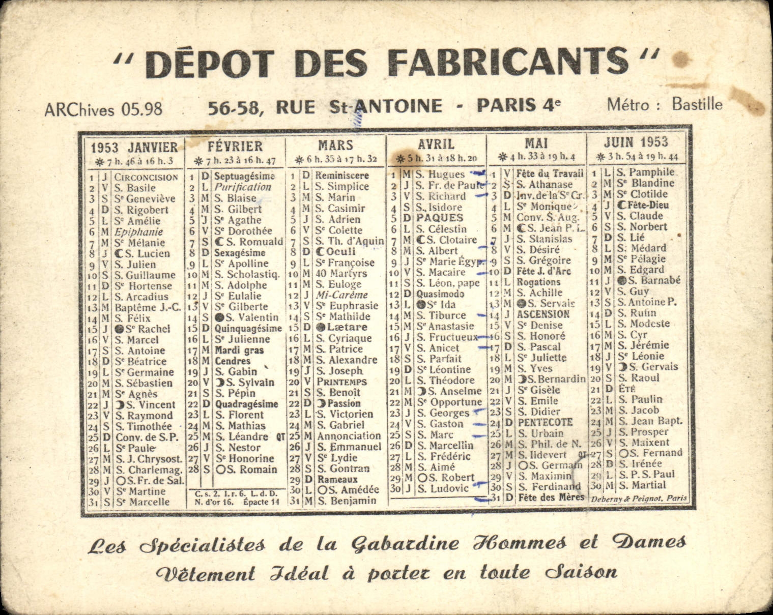 Calendrier format carte postale Depot des Fabricants Rue St Antoine Paris Annee 1953