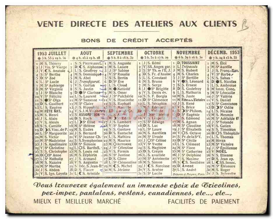 Calendrier format carte postale Depot des Fabricants Rue St Antoine Paris Annee 1953 — Rückseite