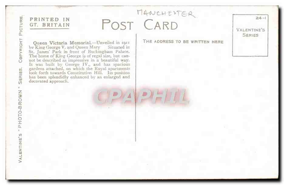 CPA Queen Victoria Memorial and Buckingham palace London  — Verso