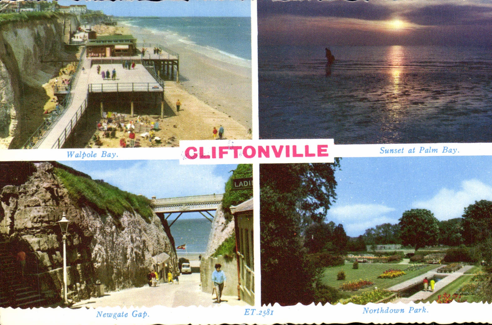 Cliftonville — Vue de Walpole Bay, Sunset at Palm Bay, Newgate Gap, Northdown Park — Valentine & Sons Ltd. ET.2581