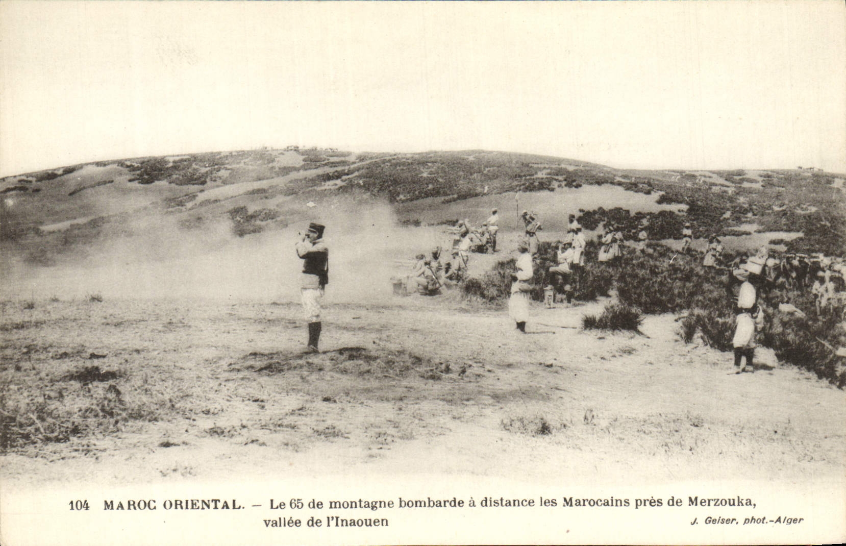 Maroc Oriental — Le 65e de montagne bombarde à distance les Marocains près de Merzouka, vallée de l'Inaouen — J. Geiser, phot.-Alger