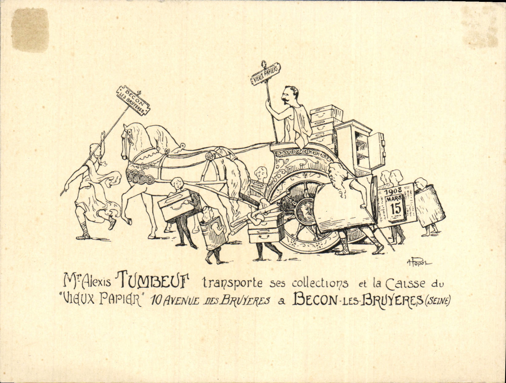 Carte Mr Alexis Tumbeuf transporte ses collectios Caisse du vieux papier Becon Les Bruyeres