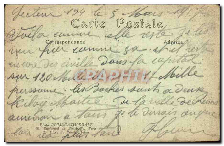 CPA Incendie Et Bombardement De Reims Ensemble De La Cathedrale Apres l'Incendie Vue Prise Du Theatre — Rückseite
