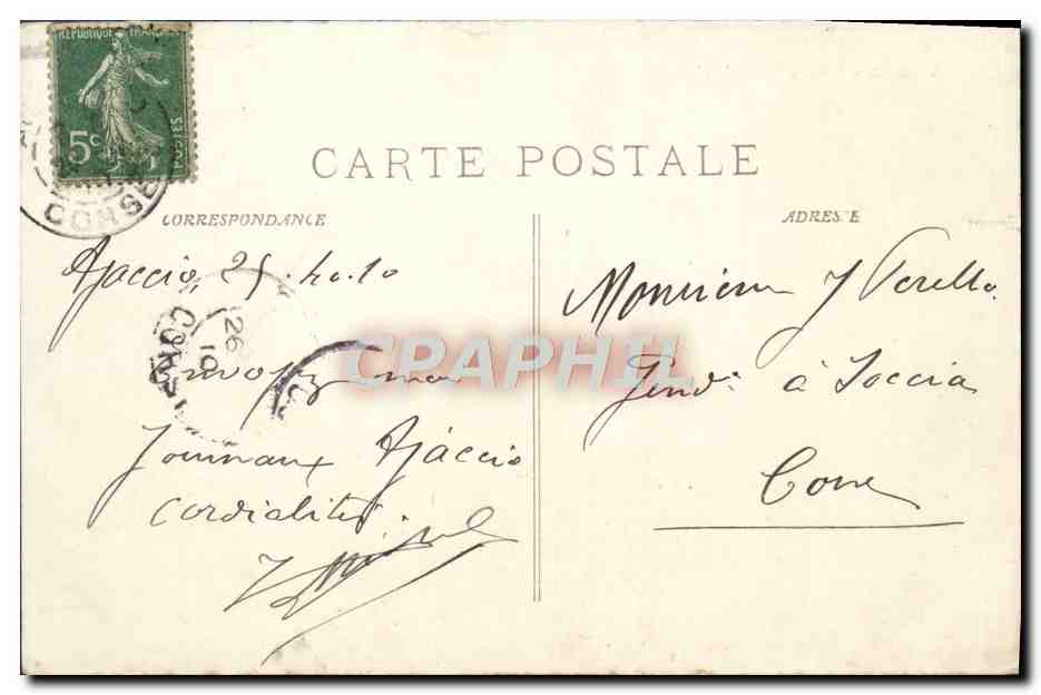 Ajaccio - Cours Grandval — Panoramablick mit Kiosk und Gebäuden — Sammlung Cardinali, n° 1402 — Rückseite