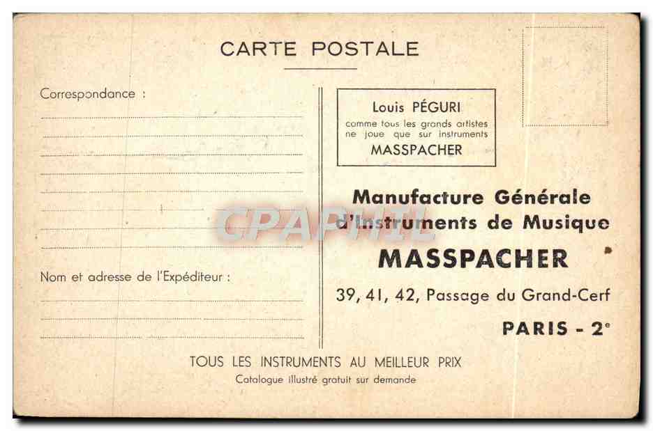 Orchestre Louis Péguri — Musiciens sous arcade — Instruments Masspacher — Verso