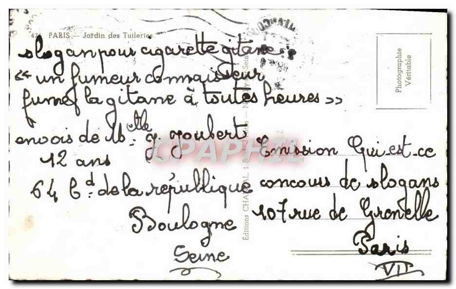 CPA Paris Le Jardin des Tuileries — Rückseite
